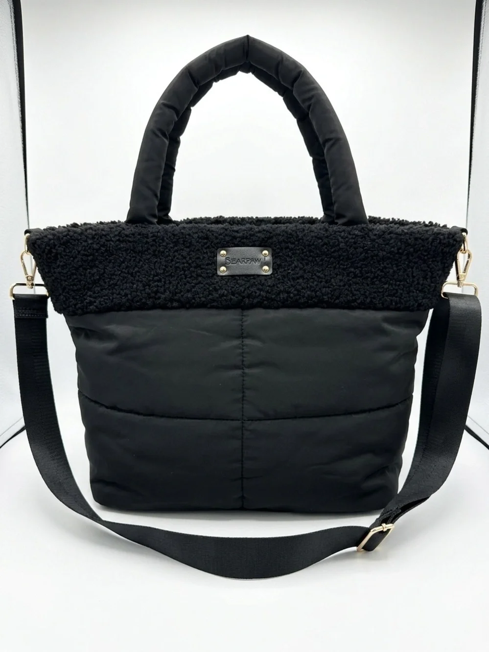 Bearpaw Black Quilted Puffer Tote Bag with Cozy Faux-Shearling Trim
